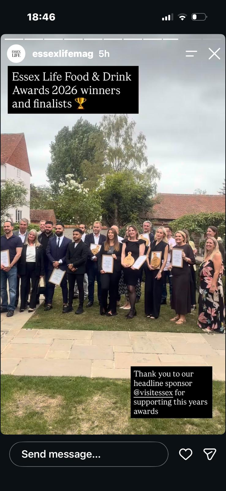 Essex Life Instagram story showing the 2026 Food and Drink Awards winners and finalists