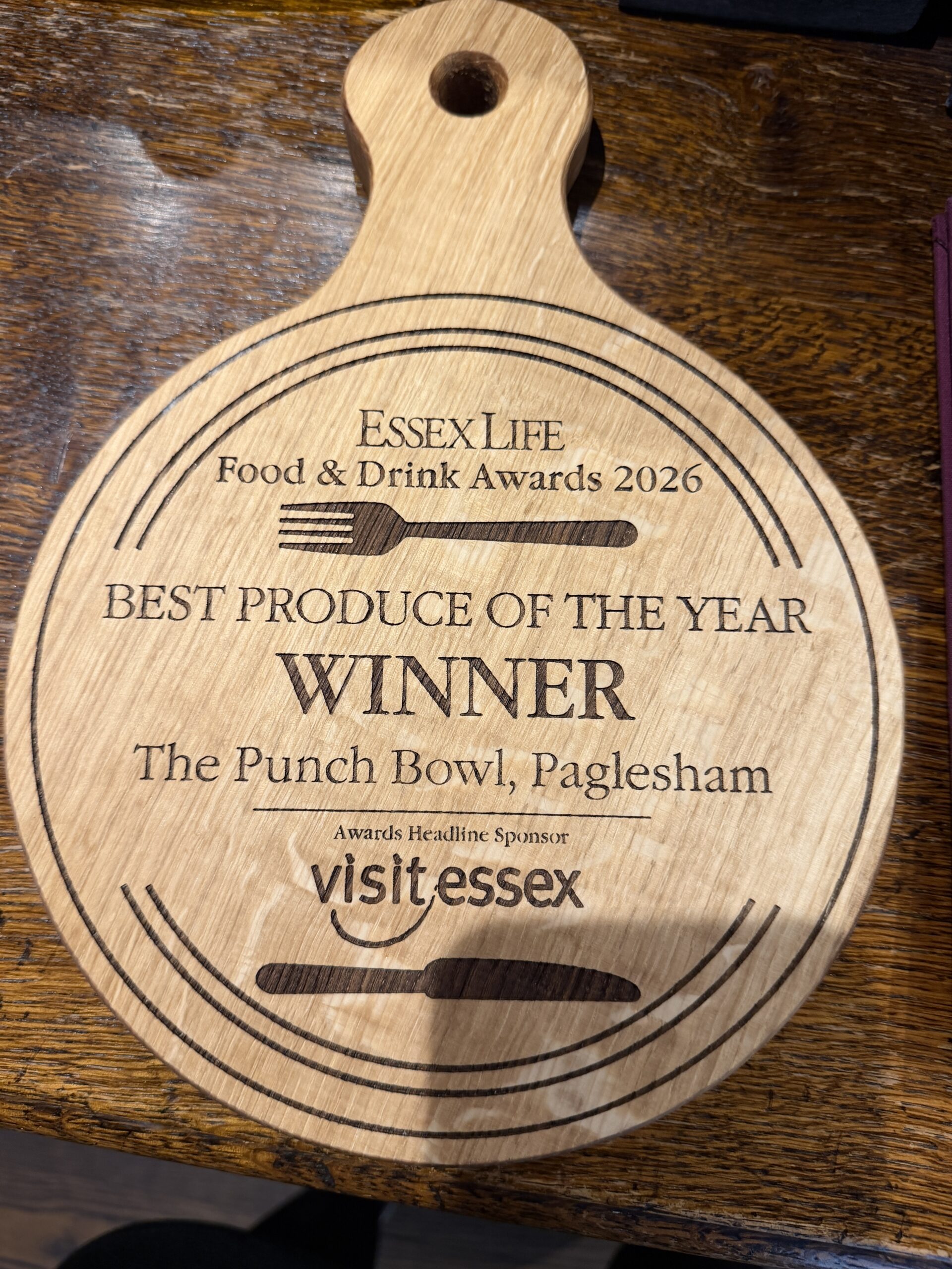 The Punch Bowl Paglesham Best Produce of the Year winner award, Essex Life Food and Drink Awards 2026
