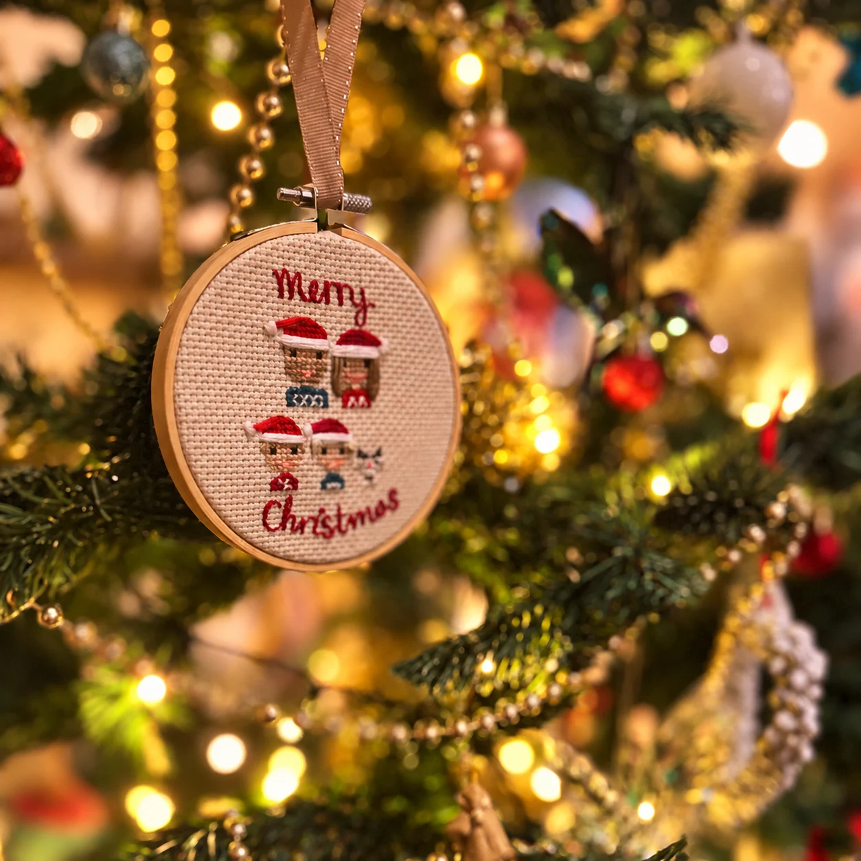 Handmade Christmas decoration and warm tree lights
