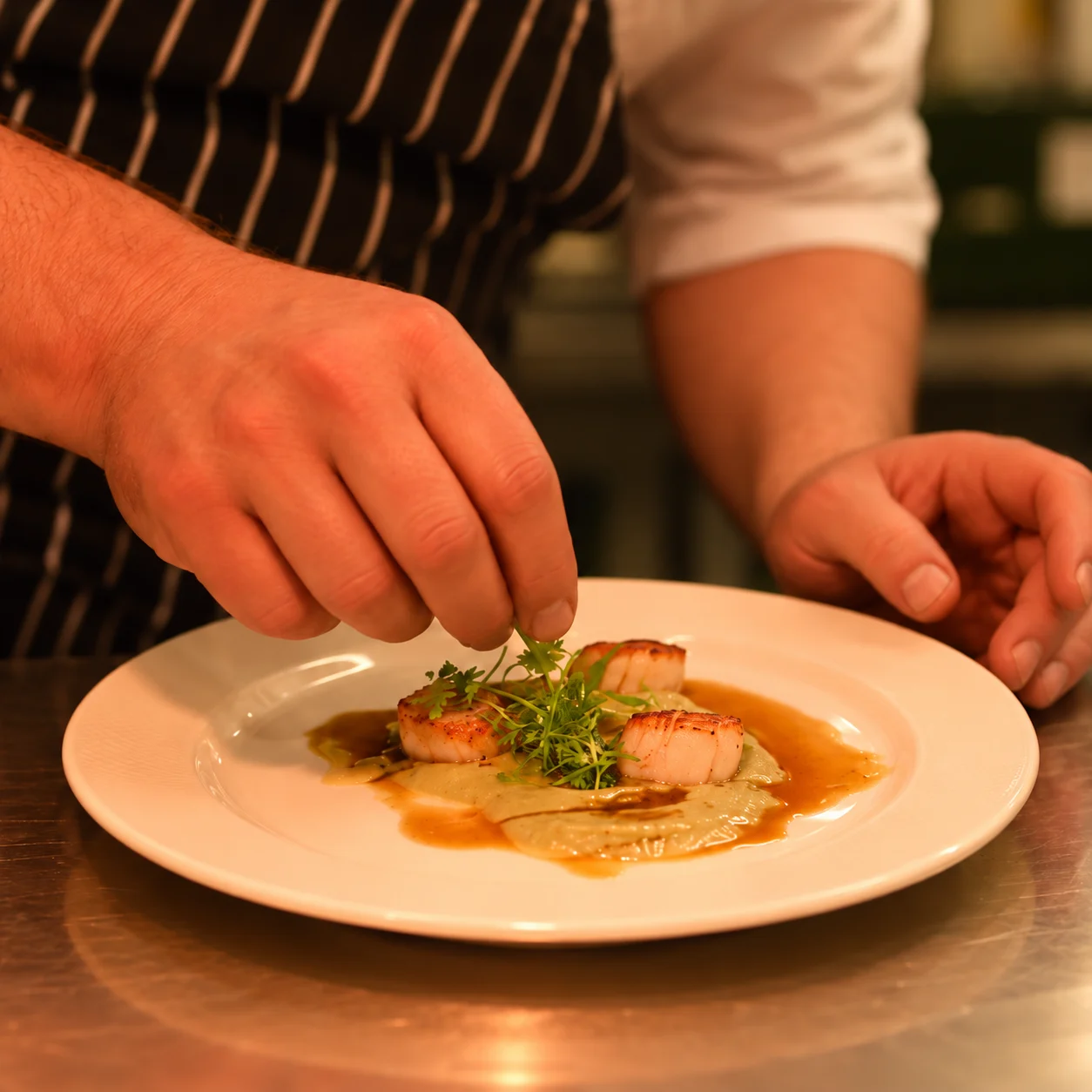 Hands garnishing a plate of scallops at The Punch Bowl