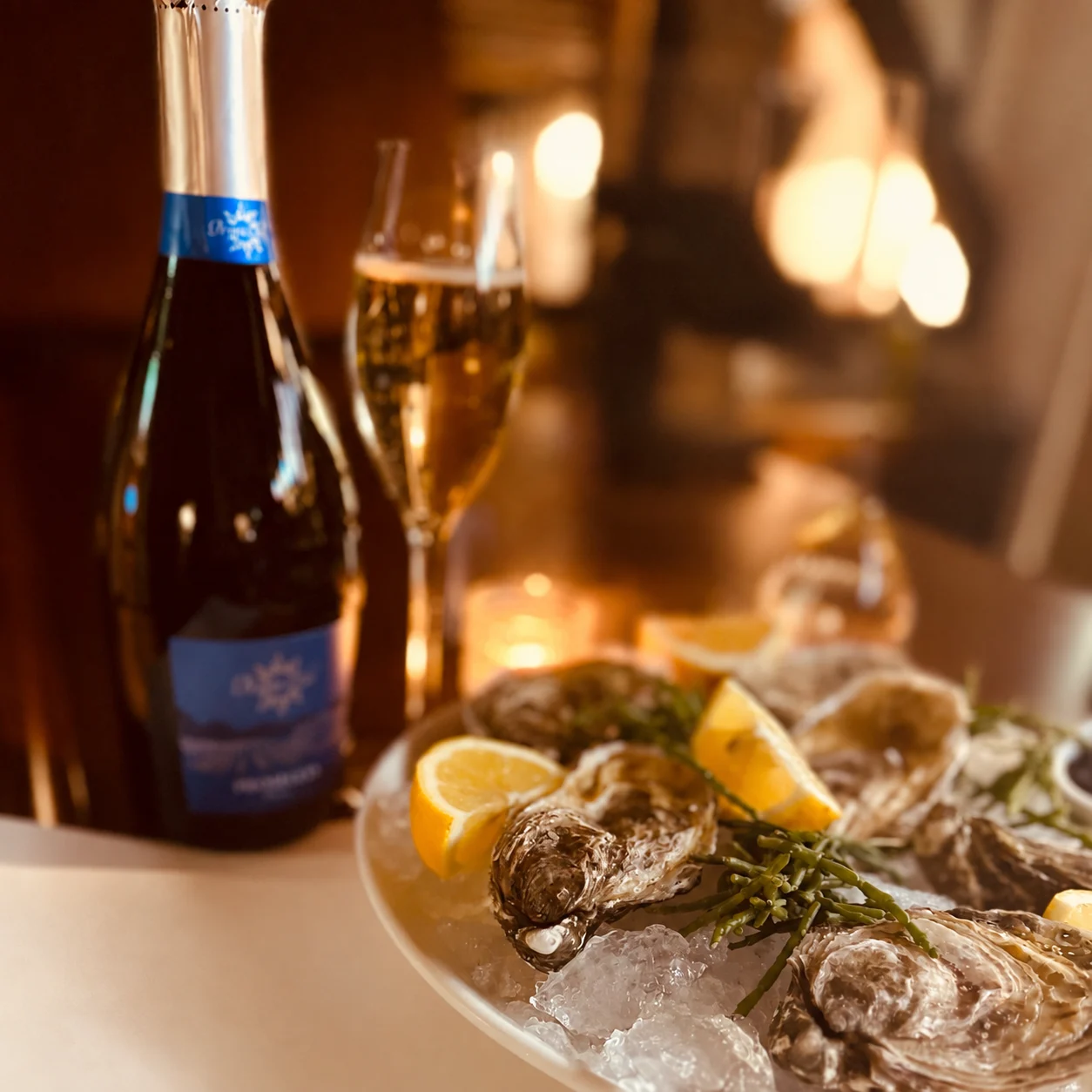 Oysters on ice with sparkling wine at The Punch Bowl